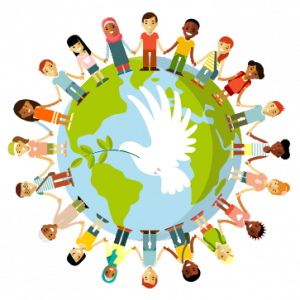 artistic Illustration of planet earth with cartoons for people from different races and ethnical backgrounds holding hands. 