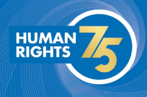 "human rights 75" logo in blue and gold