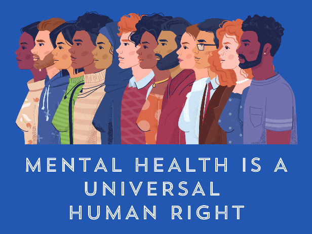 illustration of a group of people representing diversity over the banner "mental health is an universal human right" 